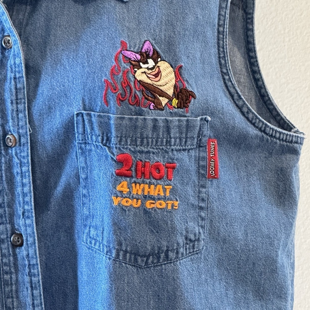 Vintage Looney Tunes Taz Denim‎ Sleeveless Shirt 14W 16W Y2K Embroidered